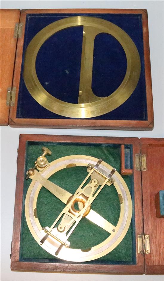 Elliott Bros brass folding arm protractor, a Cooke, Troughton & Simms 12in protractor & a Stanley 8in protractor (3, cased)